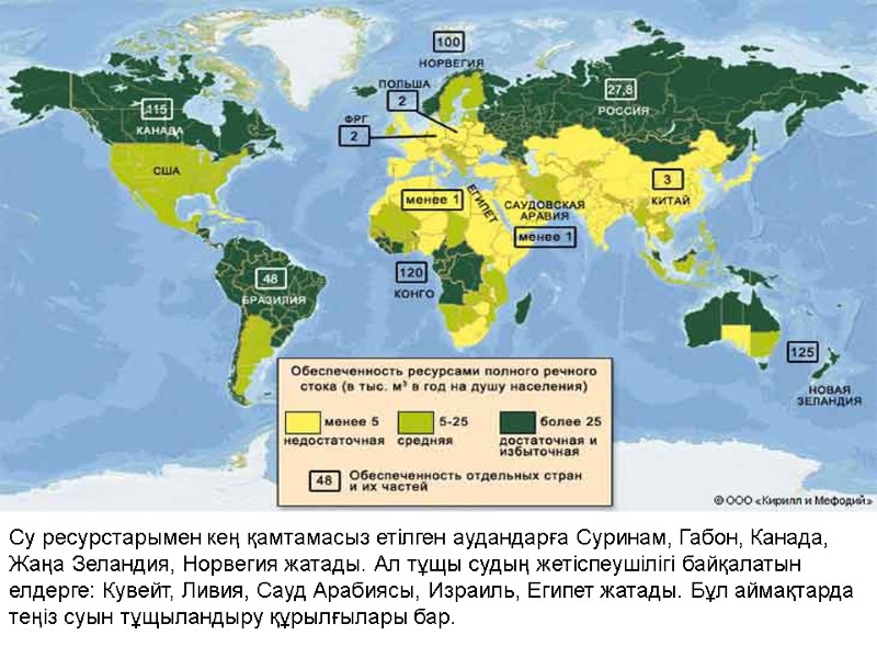 Су ресурстарымен кең қамтамасыз етілген аудандарға Суринам, Габон, Канада, Жаңа Зеландия, Норвегия жатады. Ал